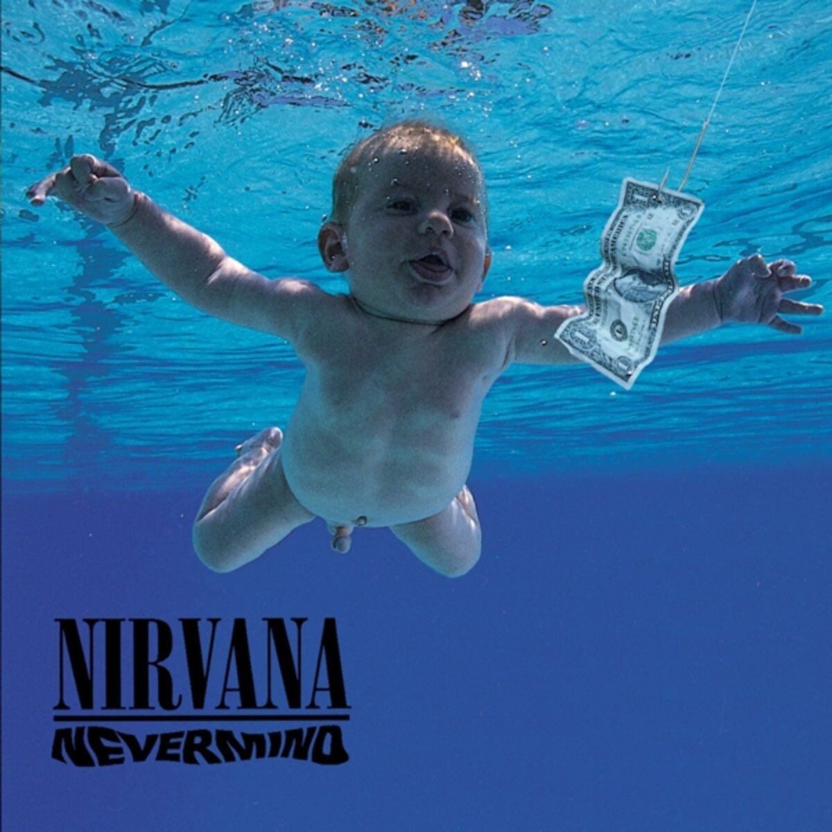 Nirvana - Nevermind CD cover featuring a bab underwater swimming towards a dollar bill on a fishhook