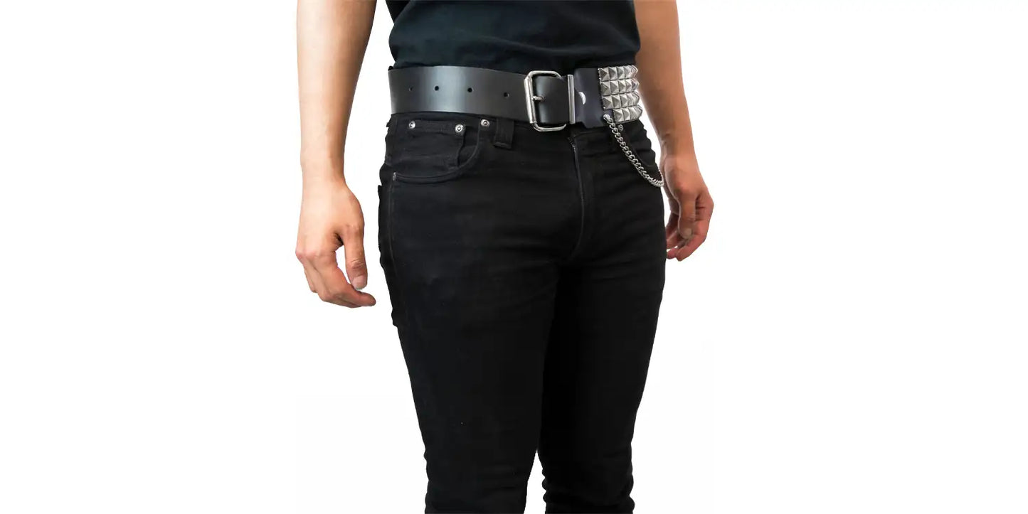 Belt – Black Leather 3 Row Pyramid Stud & Chain