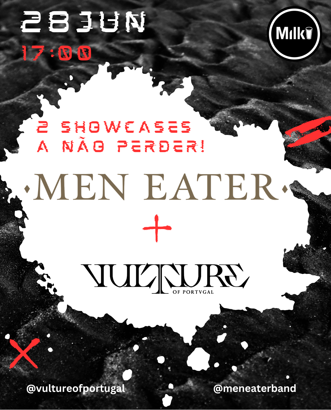 Promotional poster for a live music showcase at Milk Records in Santarém, Portugal on 28 June at 17:00. The poster features Men Eater and Vulture of Portugal performing together. Black textured background with white and red graphic elements, Milk Records logo, and the artist Instagram handles @meneaterband and @vultureofportugal. Text reads “2 showcases a não perder” and highlights the two bands as the featured performers.
