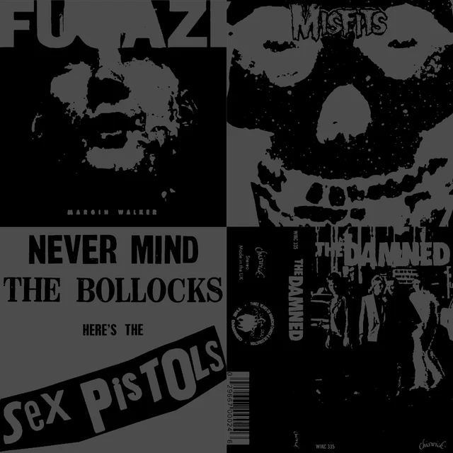 Black-and-white collage of Fugazi, Misfits, Sex Pistols and The Damned album artwork for the Milk Records punk vinyl collection