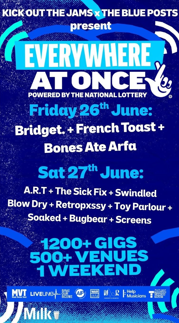 Promotional poster for 'Everywhere at Once' music event featuring band names and dates.