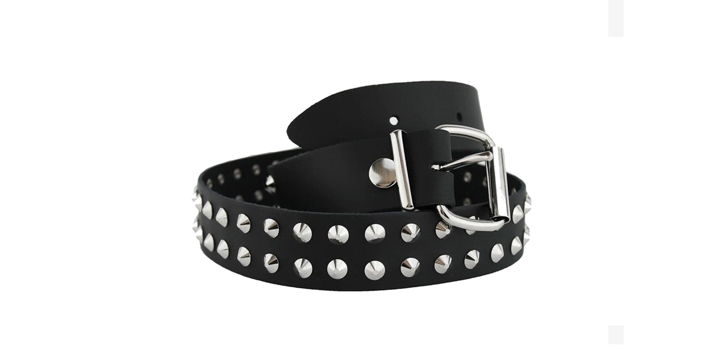 Belt – Black Leather 2 Row Nickel Conical Studs