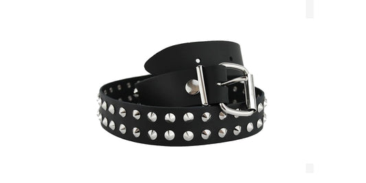 Belt – Black Leather 2 Row Nickel Conical Studs