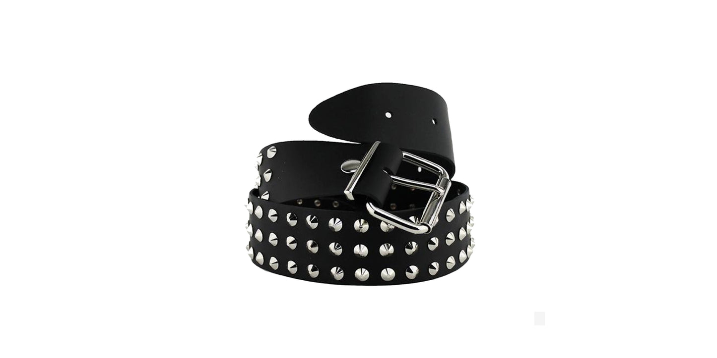 Belt – Black Leather 3 Row Nickel Conical Studs