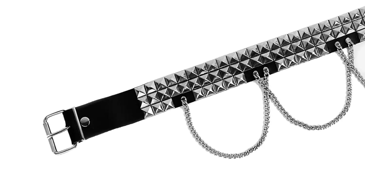 Belt – Black Leather 3 Row Pyramid Stud & Chain