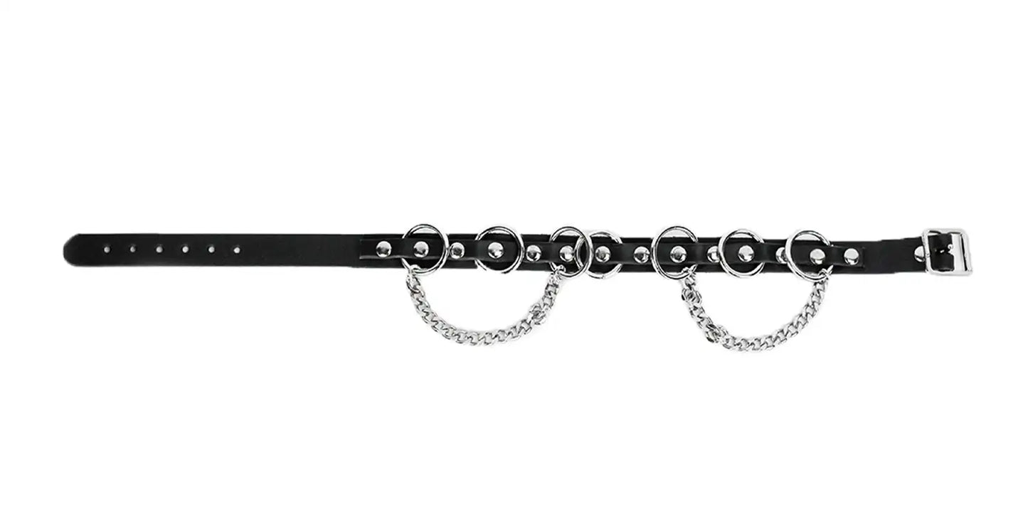 Neckband – black leather – nickel rivets & chains