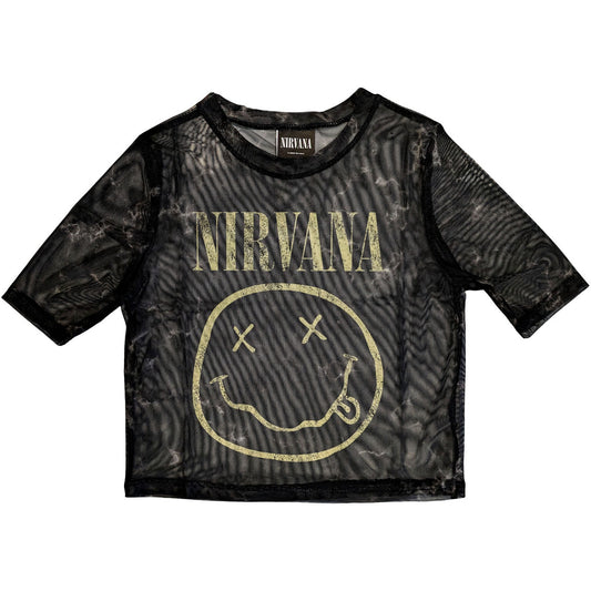 Nirvana Ladies Mesh Crop Top: Yellow Happy Face