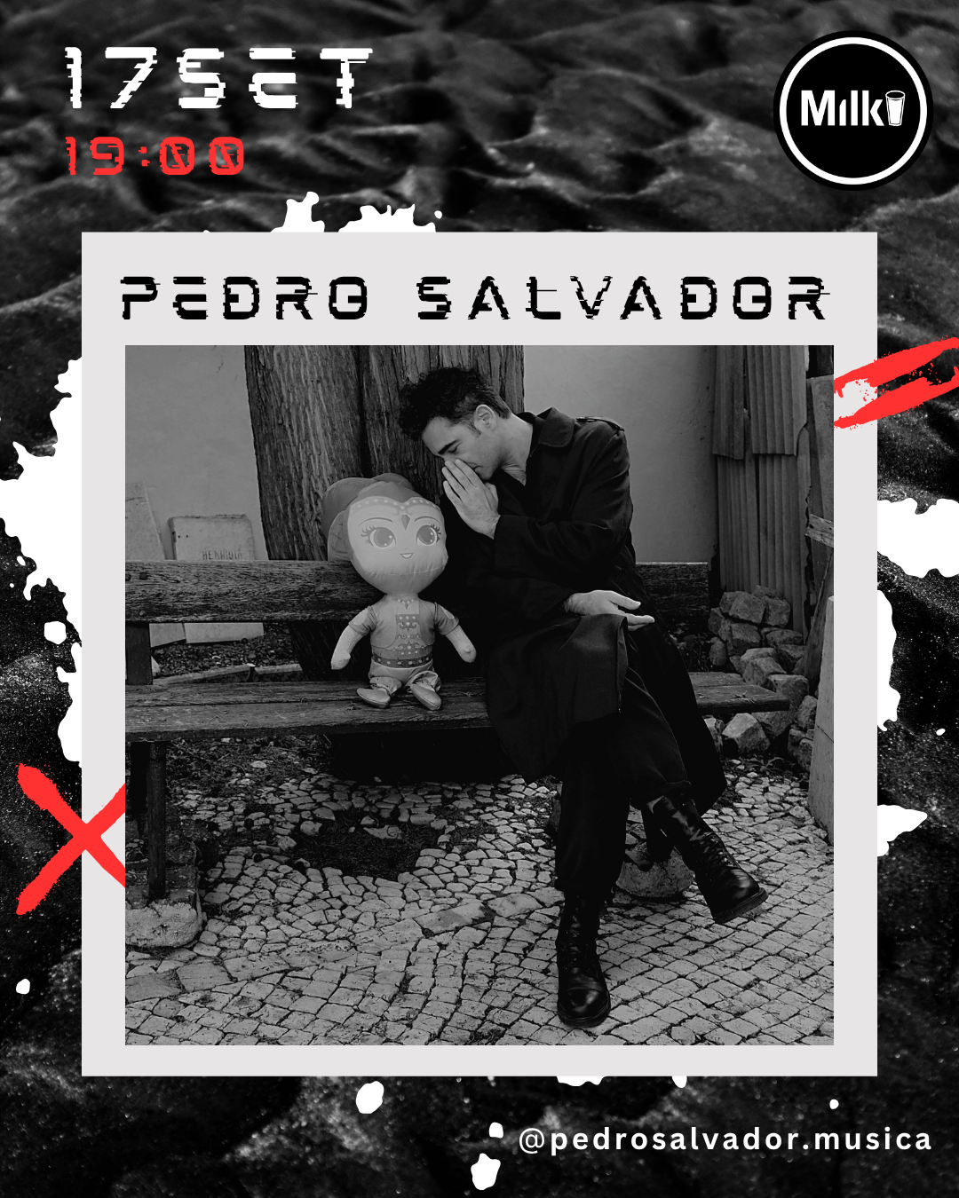Pedro Salvador live at Milk Records in Santarém on 17 September at 19:00, shown in a black-and-white promotional poster with red, white and black graphic elements.