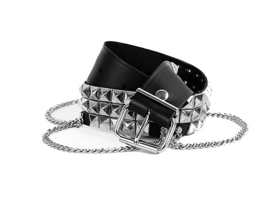 BELT – BLACK LEATHER – 3 ROW PYRAMID STUD & CHAIN