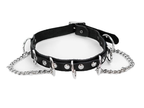 Neckband – black leather – nickel rivets & chains