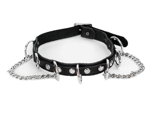 Neckband – black leather – nickel rivets & chains