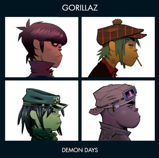 Gorillaz - Demon Days CD cover featuring four illustrated band members in a grid layout, each portrait set against a bold coloured bacjground ina minimalist cartoon style 