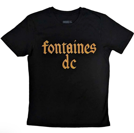 Fontaines DC Black t-shirt with 'fontaines dc' printed in gold on a white background