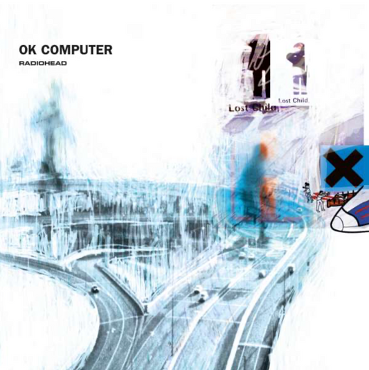 Radiohead - Ok Computer vinyl LP album cover featuring scene and abstract white graphics 