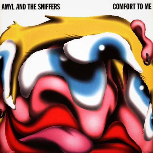 Album cover for 'Comfort to Me' by Amyl and the Sniffers with abstract design.