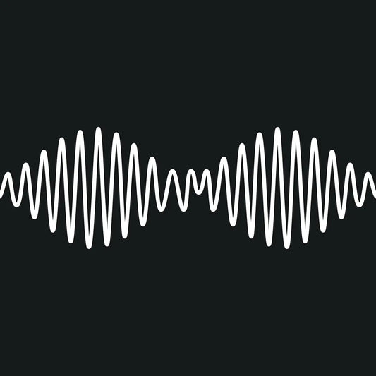 Arctic Monkeys - AM CD cover featuring a black background wiht a white waveform line forming a stylised "AM" shape across the centre