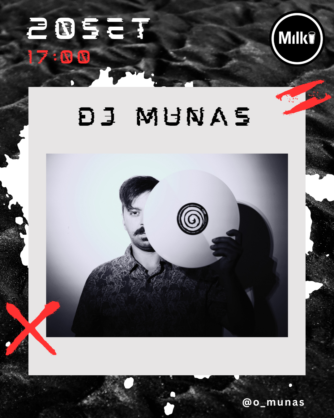 Promotional poster for DJ Munas at Milk Records in Santarém on 20 September at 17:00. Black-and-white portrait of DJ Munas holding a vinyl record in front of half his face, framed by distressed black, white and red graphics.