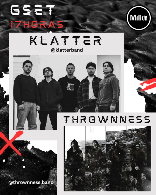 A black and white promotional collage for the band Klatter, featuring a group photo of four members, the text 'GSET 17HORAS', the Klatter name, social handle '@klatterband', the Thrownness name, social handle '@throwness.band', and a Milki logo in the top right.