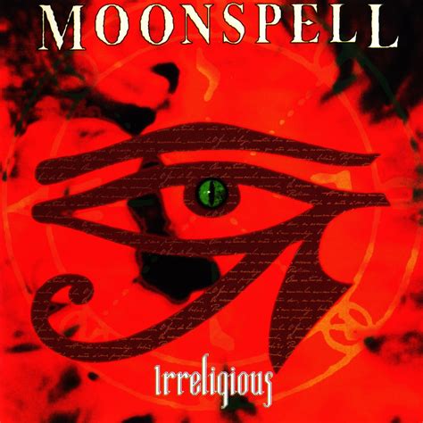 Album cover for 'Irreligious' by Moonspell with a red background and eye symbol.